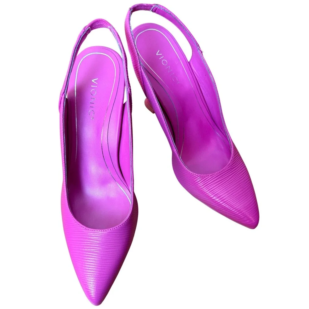 Vionic Adalena Pink Lizard Embossed Leather Slingback Flared Heel Pumps Womens 7